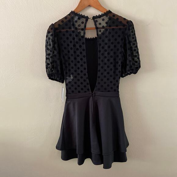 Xtraordinary Black Dress Polka Dot Short Puff Sleeve Sheer Skater Dress Size 3 - Picture 7 of 13